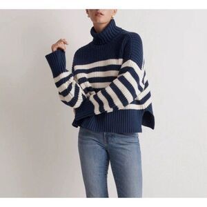 Madewell Navy and White Striped Ribbed Turtleneck Sweater